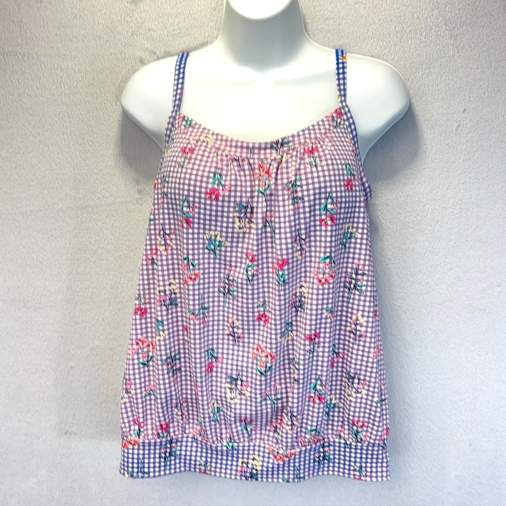 Lands' End Wirefree Tankini Top Womens 6 Purple Gingham Floral Comfy Modest Swim